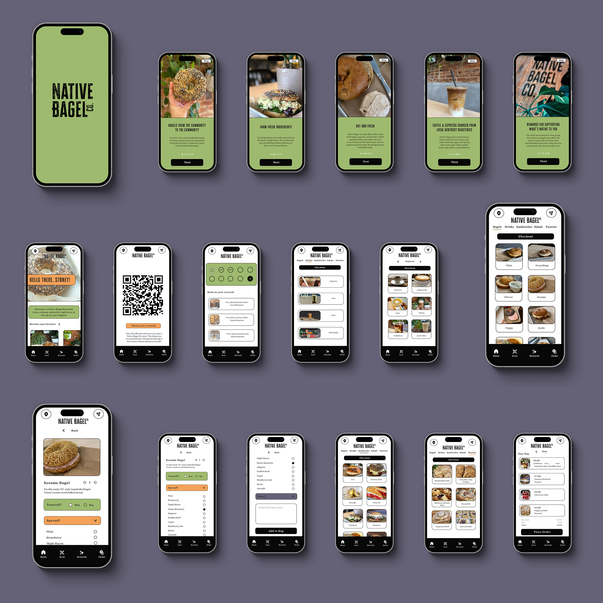 Multiple screen mockups of app prototype and a text box that reads: With an appreciation for this Appalachian small business,  a full rebrand of the cafe’s identity was explored with an additional asset of a rewards app created.  Typefaces and colors were based on the rebrand attributes of “genuine”, “quirky”, and “boundless.” Names of colors allude to the cafe and the geographical location of the business, Appalachia. A visual display of a the interface gives an understanding of a user’s app journey. The two most important facets of the app were the online ordering and rewards system. The entirety of Native Bagel Co.’s menu was created, sections made for each type of item. The app offers a QR code for the user to scan with purchases. The user’s collected points and loyalty rewards are a page that features a “punch card” to show their points collected and milestones reached. There is a section dedicated to detailing the collected rewards.