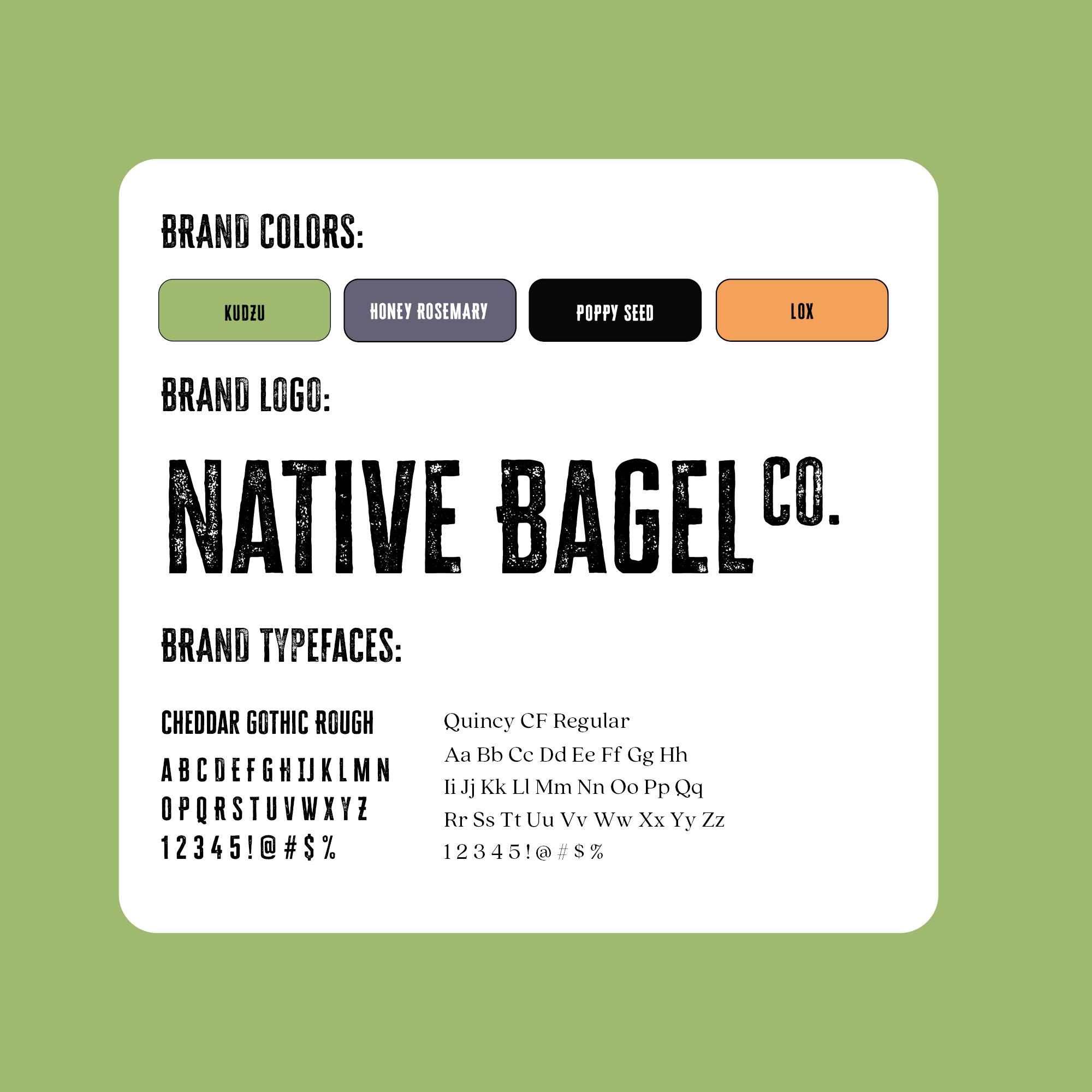Brand assets alongside a text box that reads: Native Bagel Co. is a locally owned cafe within Berea, KY that serves bagels, espresso drinks and coffee, and lunch items. With humble beginnings as a bagel vendor at Berea’s farmer’s market, the company became a small-town favorite. Native Bagel was officially opened in 2016 by Katie Startzman who had a desire to spread her love of cafe food and give the Berea community more food options. Ingredients are locally sourced from Berea College’s farm and coffee beans are sourced from local Kentucky roasters Sunergos’ in Louisville. Native Bagel Co. community focused and is centered on providing a space for the community to eat, relax, study, work, and collaborate. Nightjar has become the nighttime parent company of Native Bagel Co. Opening at 5pm, more locally sourced food is served as well as draft beer and cocktails at Nightjar.